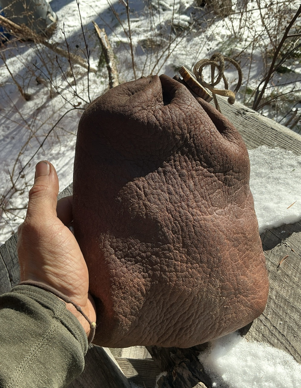 Montana Elk Natural Bark Tan Bag…Elk Antler Button