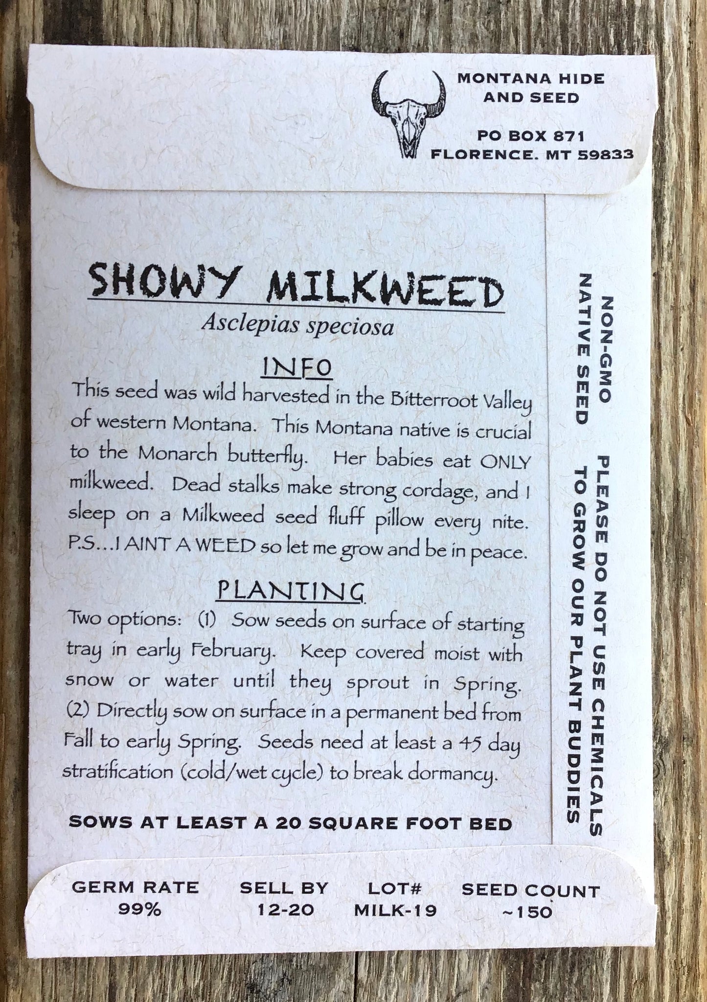 hand drawn seed packet art artwork showy milkweed seed high germination germ pollinators pollinator monarch butterflies butterfly bitterroot valley western montana packets printed solar power Asclepias speciosa